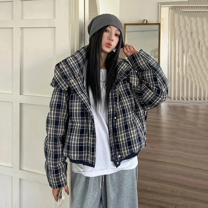 

Korean Plaid Parkas Coats Women Y2K Winter Loose Thick Crop Down Jacket Harajuku Streetwear Warm Hoodie Bread Outerwear Mujer