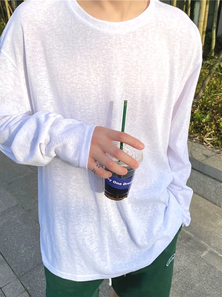 Ice Sensation Snowflake Linen Men's T-Shirt Lightweight Loose Long Sleeve Sunshade Silk Bamboo Fiber Air Conditioning Trendy