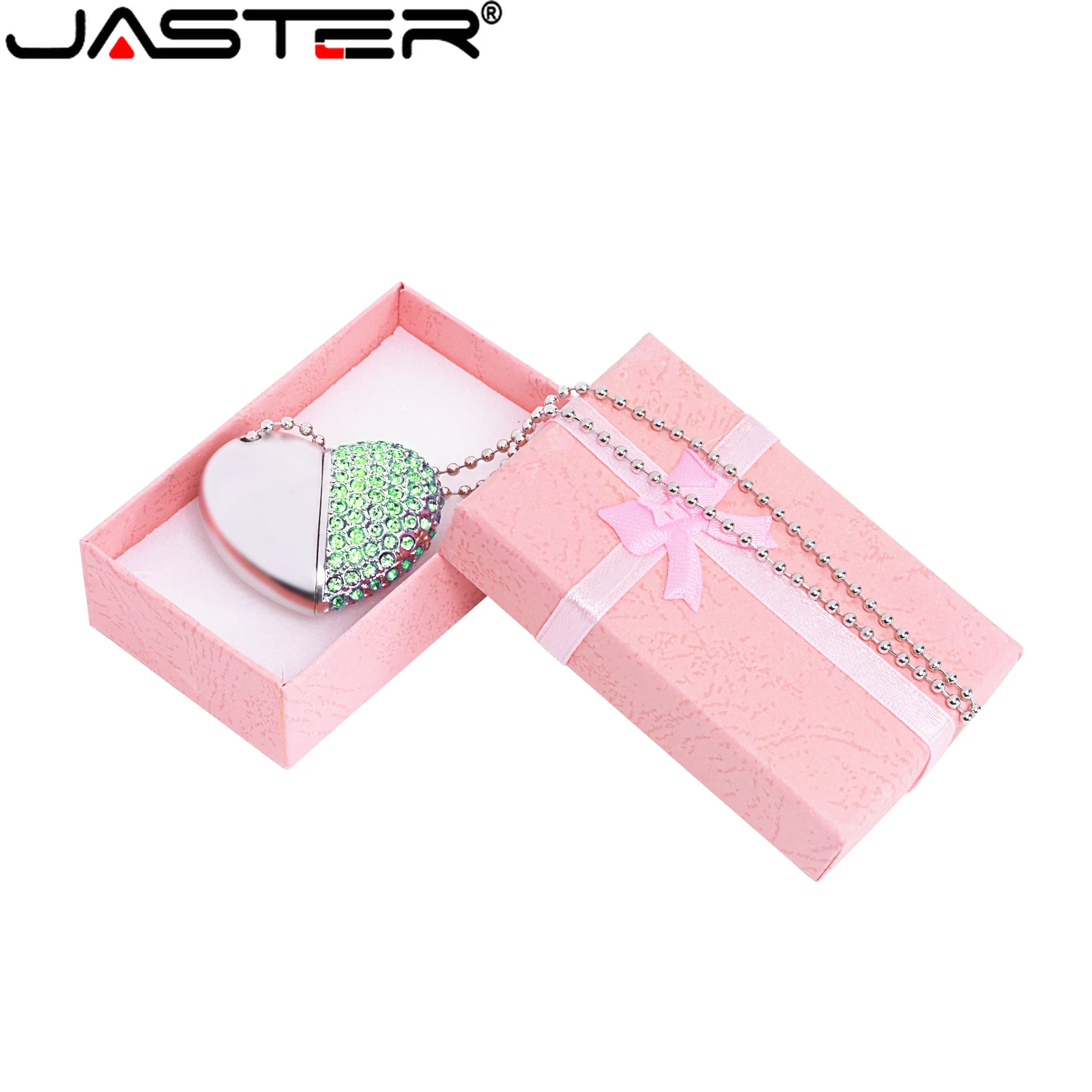 Pink Box USB Flash Drive 64GB Metal Diamond Crystal Heart Memory Stick Free Key Chain Pen Drive 32GB Thumb Creative Gift U Disk