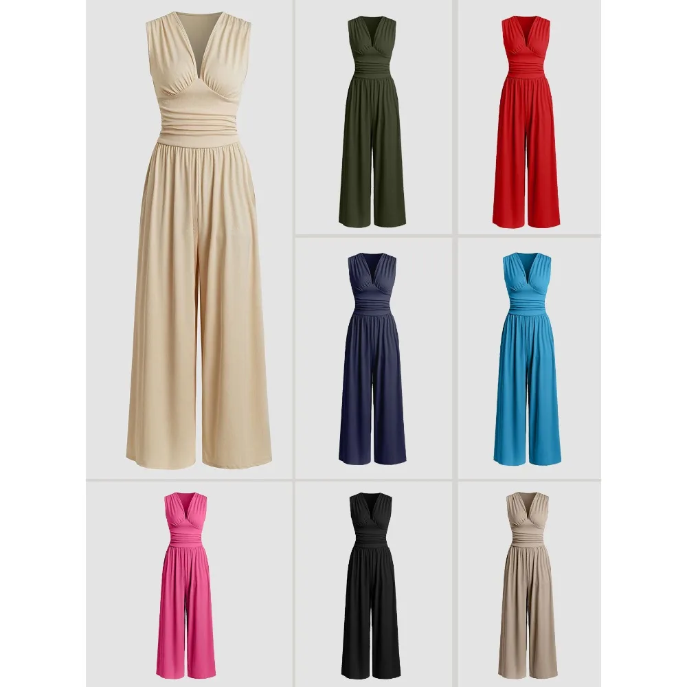 

Autumn women's sleeveless knitted solid color jumpsuit, sleeveless slim-fit top, loose wide-leg pants