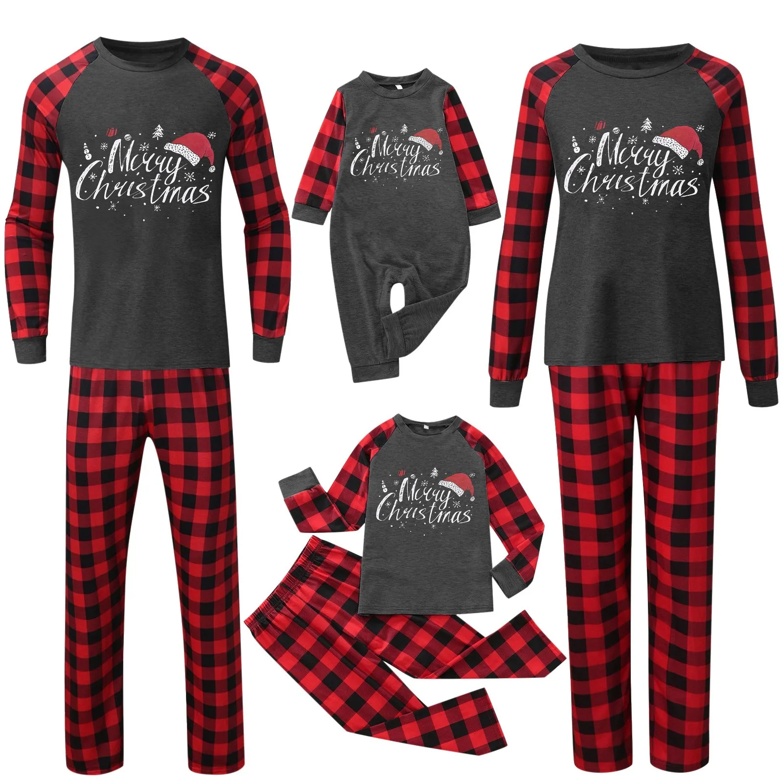 Christmas Pajamas Family Xmas Family Matching Outfits Top Pants Sleepwear Gray Red Plaid Adults Kids Pajama Set