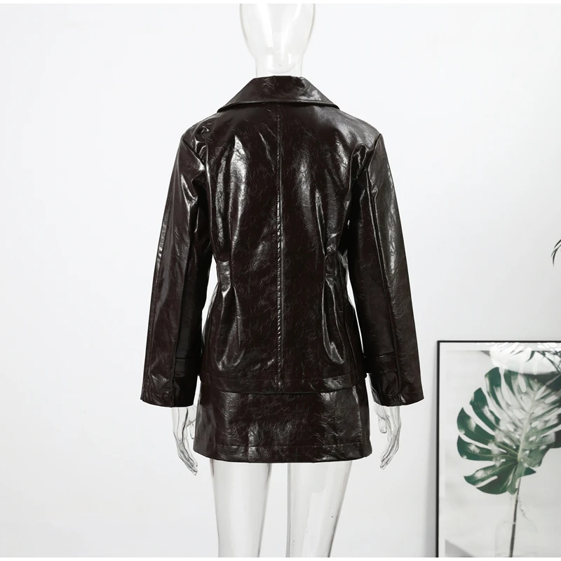 Solid PU Leather Women's Jacket Mini Skirt Set Lapel Neck Full Sleeve Double Breasted Coat Suit 2025 Autumn Stylish Edgy Outfit
