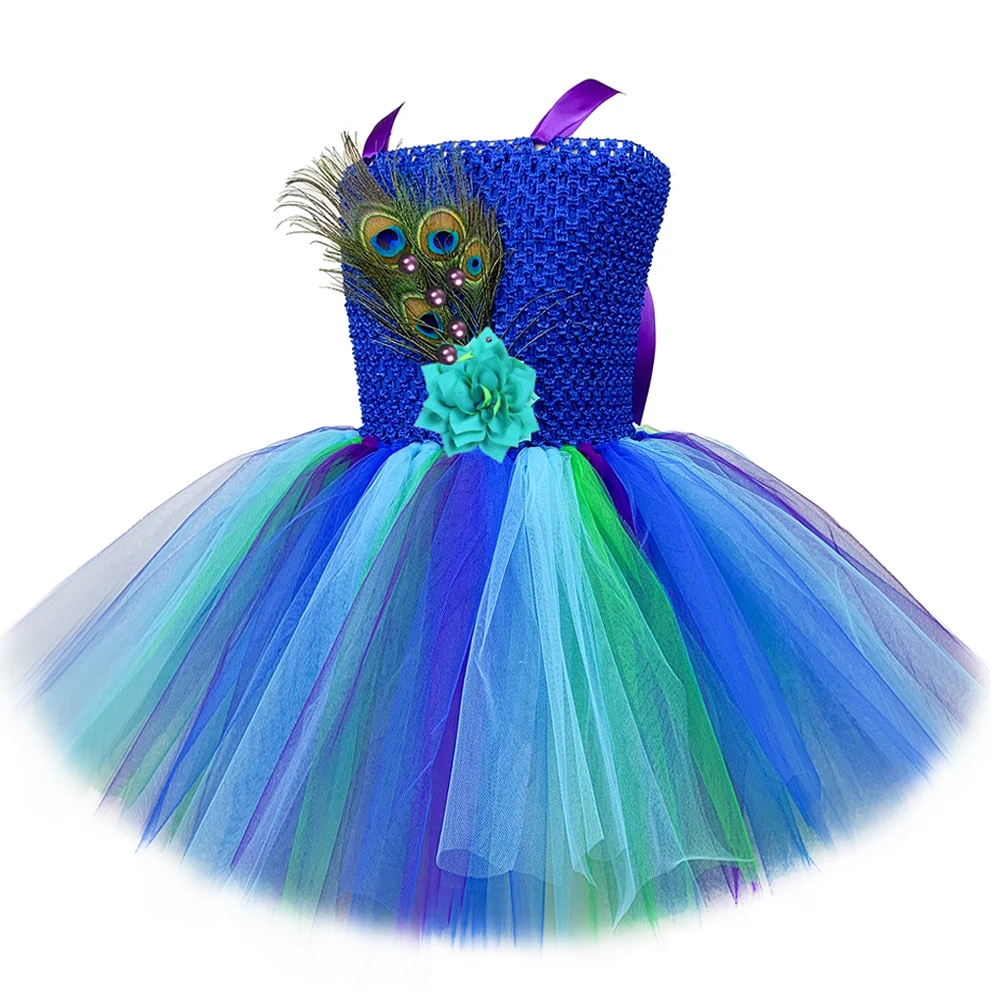 Royalblue Peacock Costumes for Girls Carnival Halloween Fancy Dresses for Kids Birthday Party Tutus Outfit with Flower Feathers