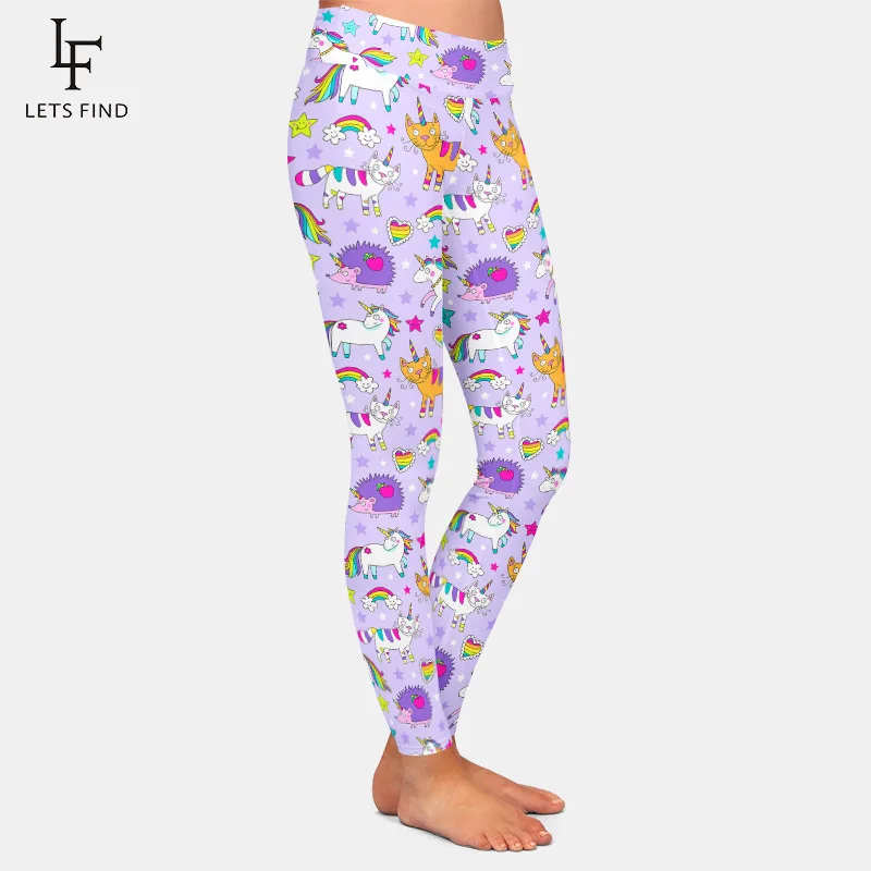 Letscove Legging Cetak Bintang dan Pelangi Unicorn Lucu 3D Legging Wanita Fitness Ramping Lembut Pinggang Tinggi Push Up