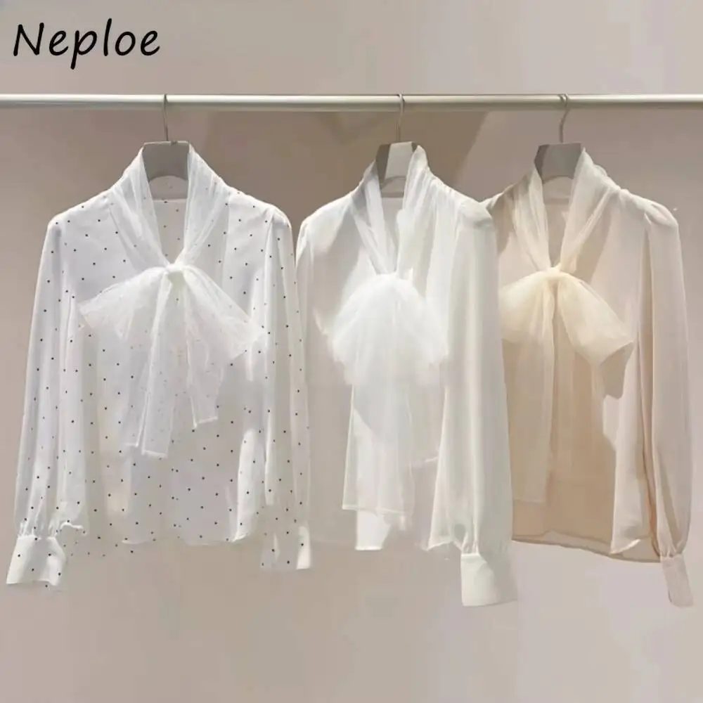 BabYoung Prachtige Verse Chiffon Trui Ropa Mujer Lantaarn Mouw Nieuwe Geavanceerde Ruches Blusa Japan Bow Lace Up Polka Dot Shirt