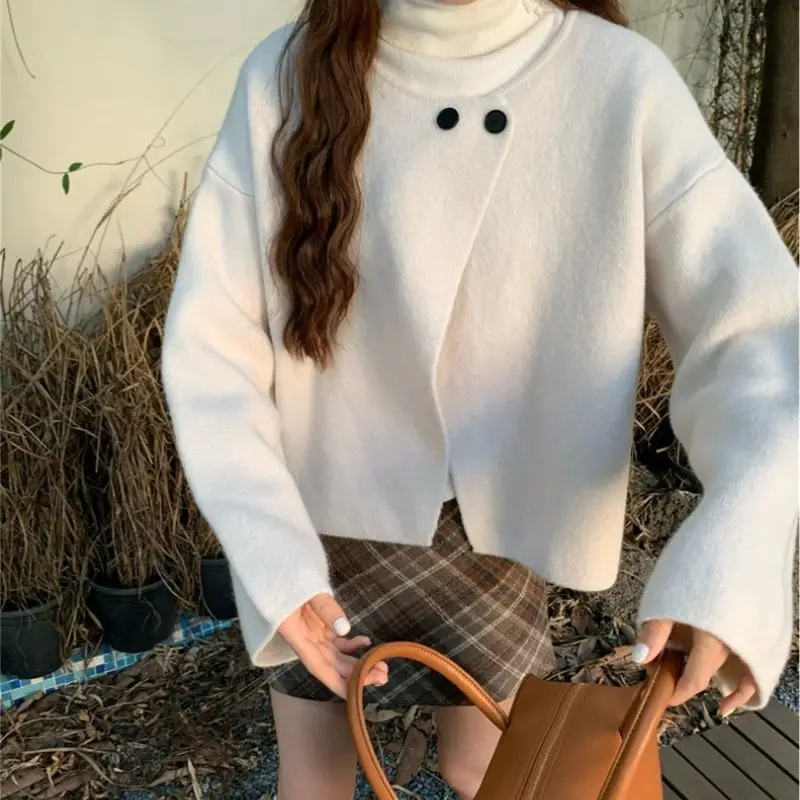 

Korean Knitted Two Buttons Cardigan Autumn Winter Vintage Fashion Female Clothing Solid Color All-match Loose O-Neck Sweaters