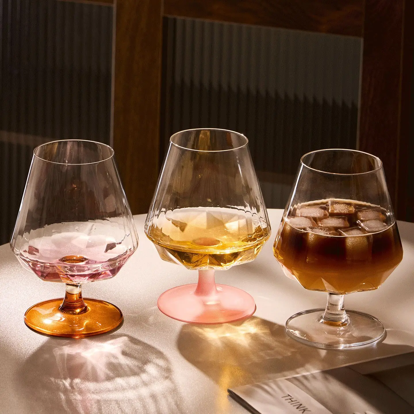 Geometric Faceted Stemmed Snifter Glass 450ml Colored Crystal Brandy Wine Cup Amber Pink Clear Whiskey Cocktail Goblet Bar Home