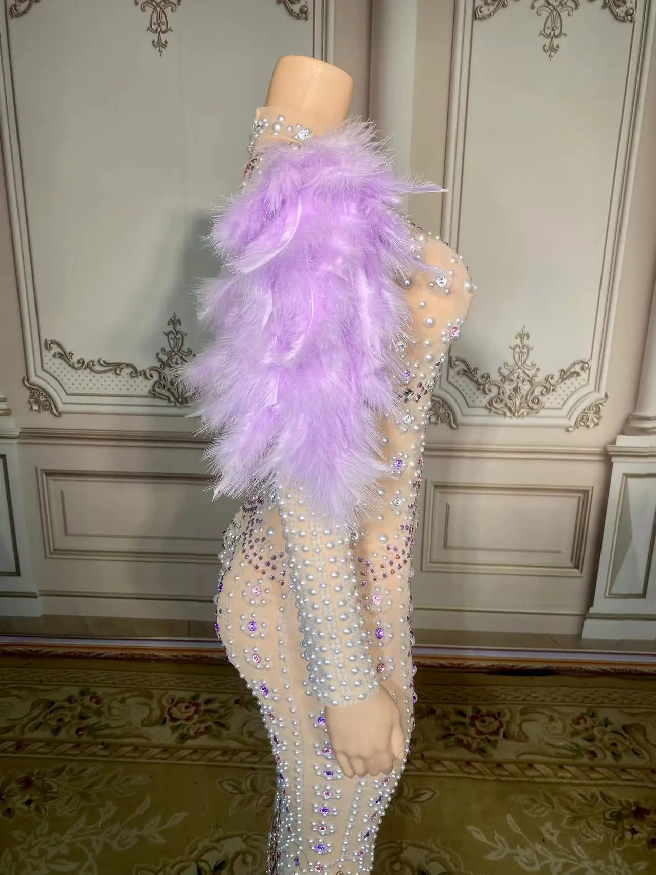 ZD-فستان بأكمام ريشة للنساء ، لؤلؤ ، أحجار الراين ، راقصة ، مغني ، ملابس حفلات المسرح ، زي الاحتفال ، موضة