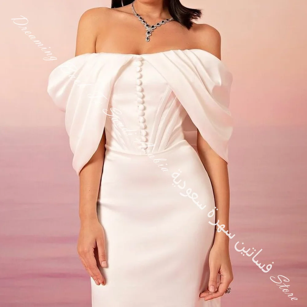 Elegant Graceful Strapless Satin Party Gowns Sleeveless Straight Evening Dress Pleats Buttons Solid White Color Floor Length