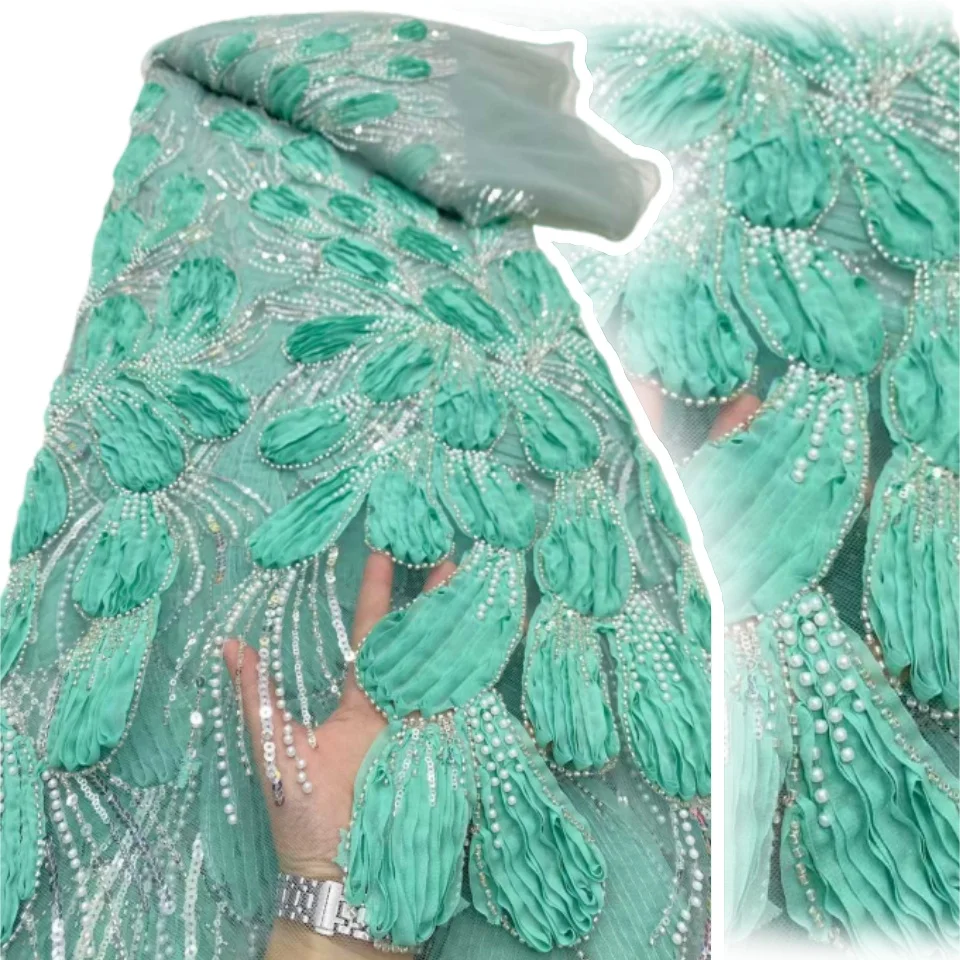 

Африканская 3D вышивка бисером, кружевная ткань 2025, высокое качество, Тюлевая ткань с французскими блестками для шитья праздничного платья TP1746