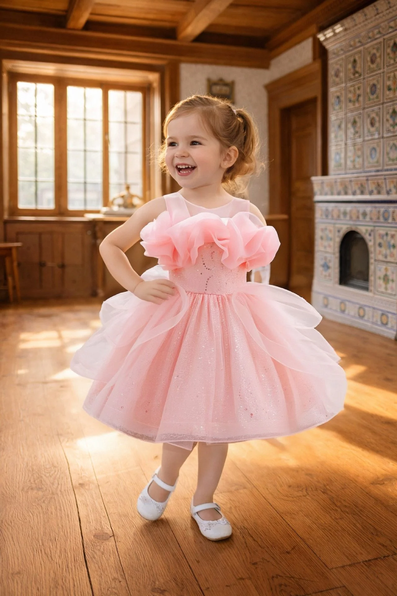 Toddler flower girl dress, stylish girl one year old infant tulle princess dress birthday party wedding dress puffy dress