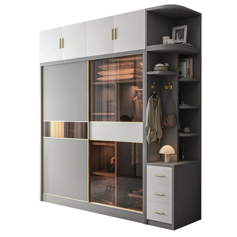 Armario con puerta de cristal de lujo, luz de larga duración, puerta corredera, puerta corredera simple moderna, armario grande, dormitorio nórdico