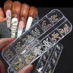 12Grids Silver/Gold Zircon Large Snake Bling Nail Charms 3D Nail Art Decoration Alloy Nail Charms Jewelry for Nail Luxury Nails