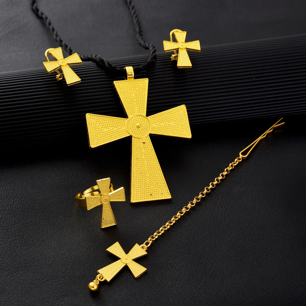 Ethiopian Jewelry Set Classic Simplicity Cross Sets Head Chain 4-Piece Set African Eritrean Wedding Engagement Gifts #174