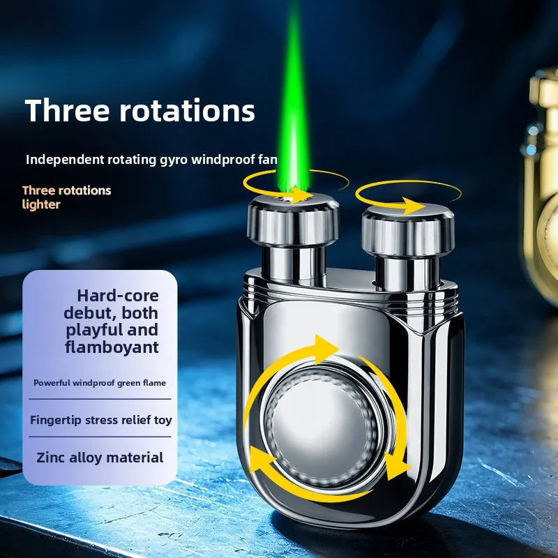 Direct Jet Green Flame Lighter, Rotating Stress‑Relief Gyro Windproof Inflatable Lighter, Triple‑Rotation Creative Gift
