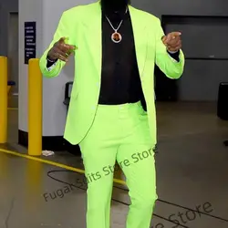 Shiny Fluorescent Green Fashion Men Suits Slim Fit Formal Groom Prom Tuxedos Casual Prom Party Wedding2Pieces Sets(Jacket+Pants)