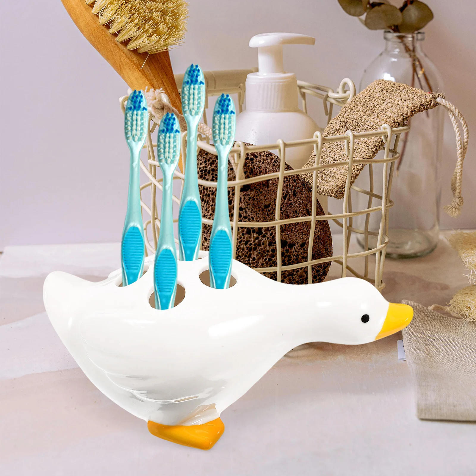 

Ceramic Cartoon Duck Toothbrush Holder Small Size Stable Stand for Bathroom Vanity Countertop Organizer Storage