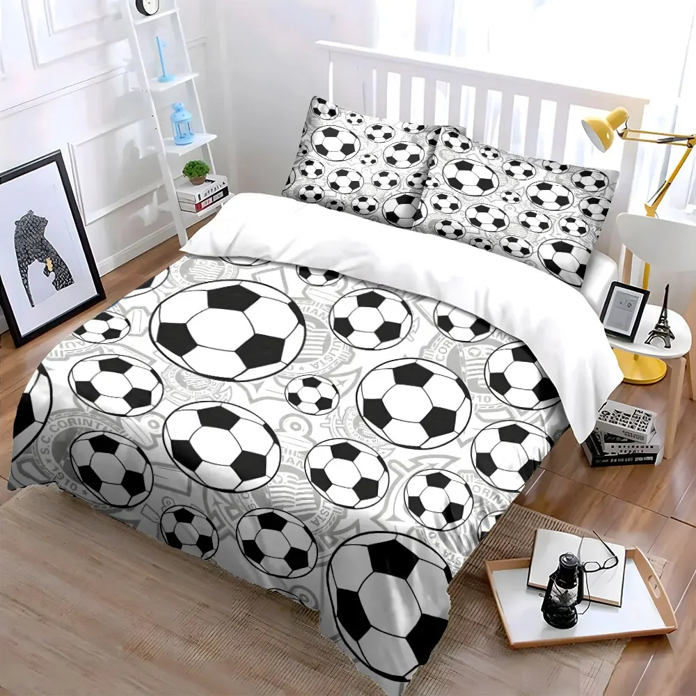 3Pcs Soccer Ball Bedding Set, Black and White Football Pattern Print Duvet Cover + 2 Pillowcases, Sports Fan bedroom Decor