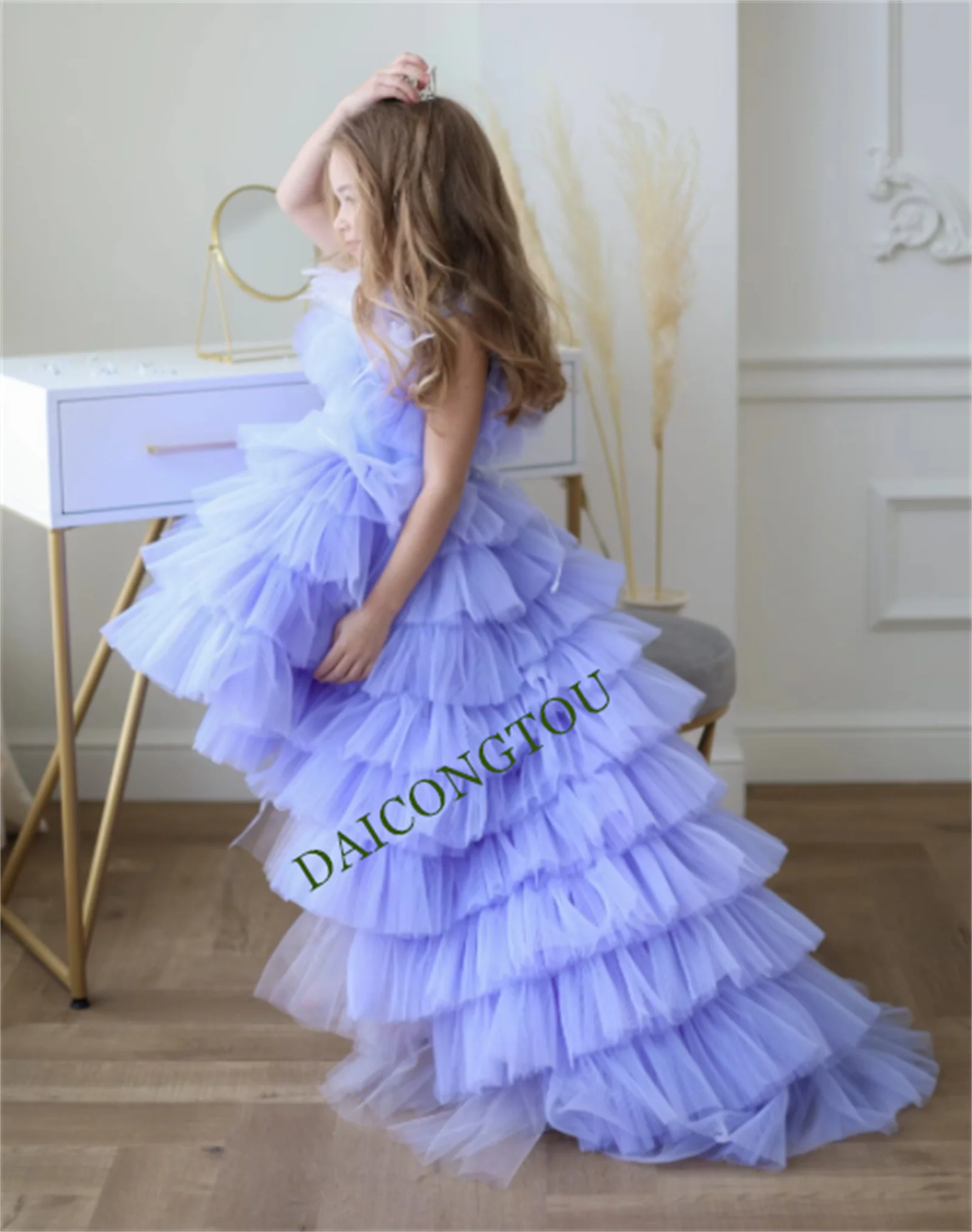 

CustomizedLavender Purple Flower Girl Dress Fluffy Layered Child Wedding Lace Lovely Sash Long Party Kids Birthday Gift Evening