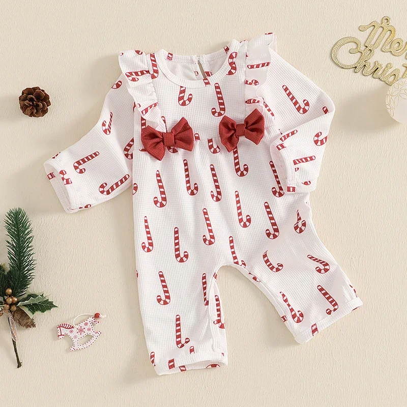 VISgogo Newborn Baby Girls Christmas Jumpsuit Long Sleeve Candy Cane/Christmas Tree Print Rompers Baby Fall Clothes