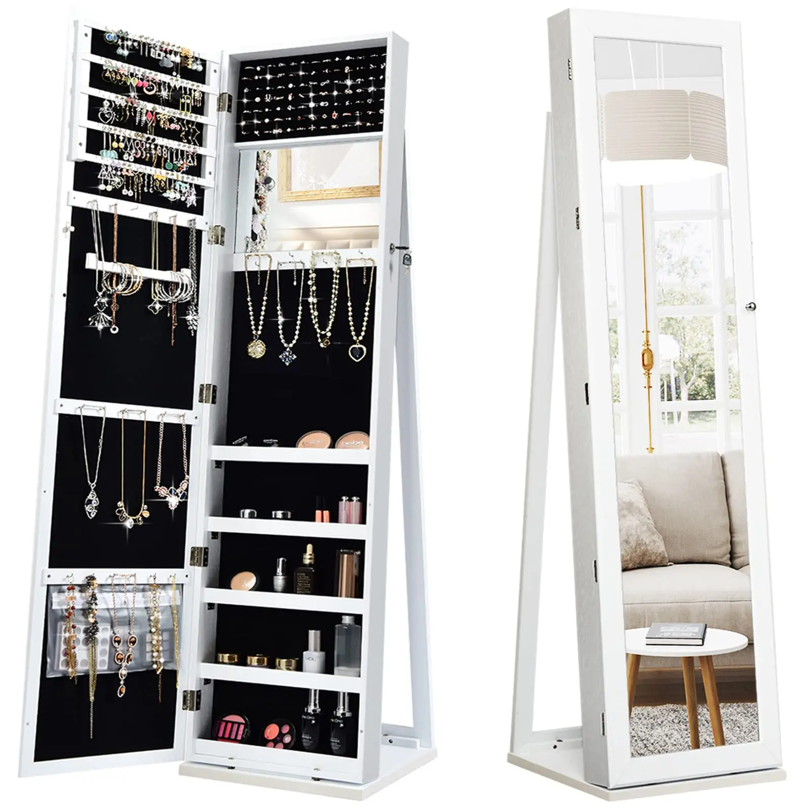 Standing Jewelry Armoire with Full Length Mirror, Lockable