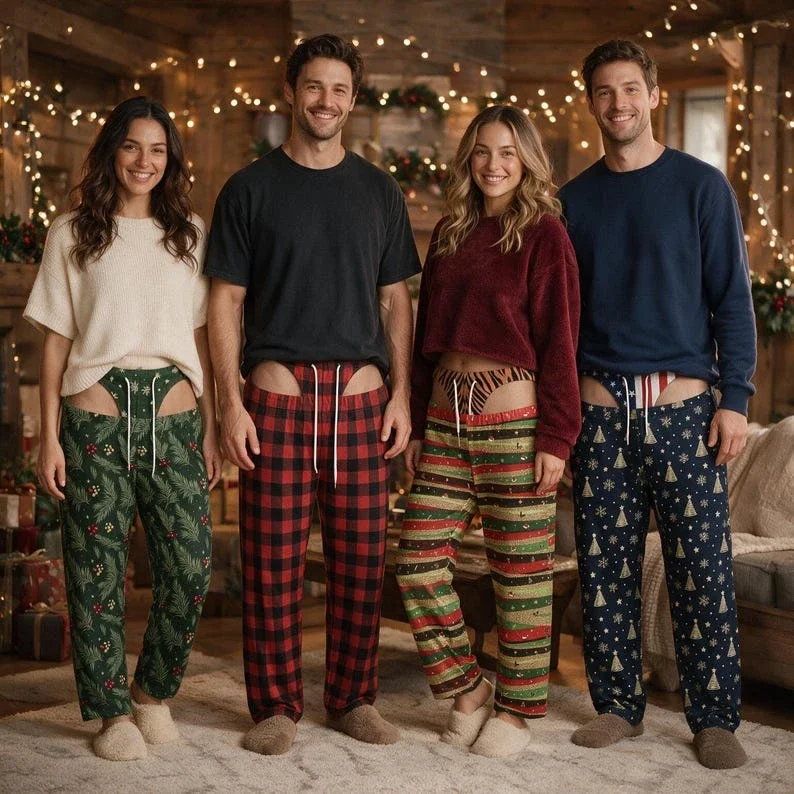 Ugly Christmas Pajama Pants Couples Men Women Open Crotch Drawstring Evergreen Black Plaid Zebra Tree 3D All Over Print Xmas Pjs