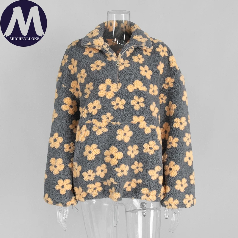 女性のエレガントな花柄ファズ厚手フードなしスウェットシャツ秋冬ファッションカジュアルルーズトップ暖かいファッションを維持