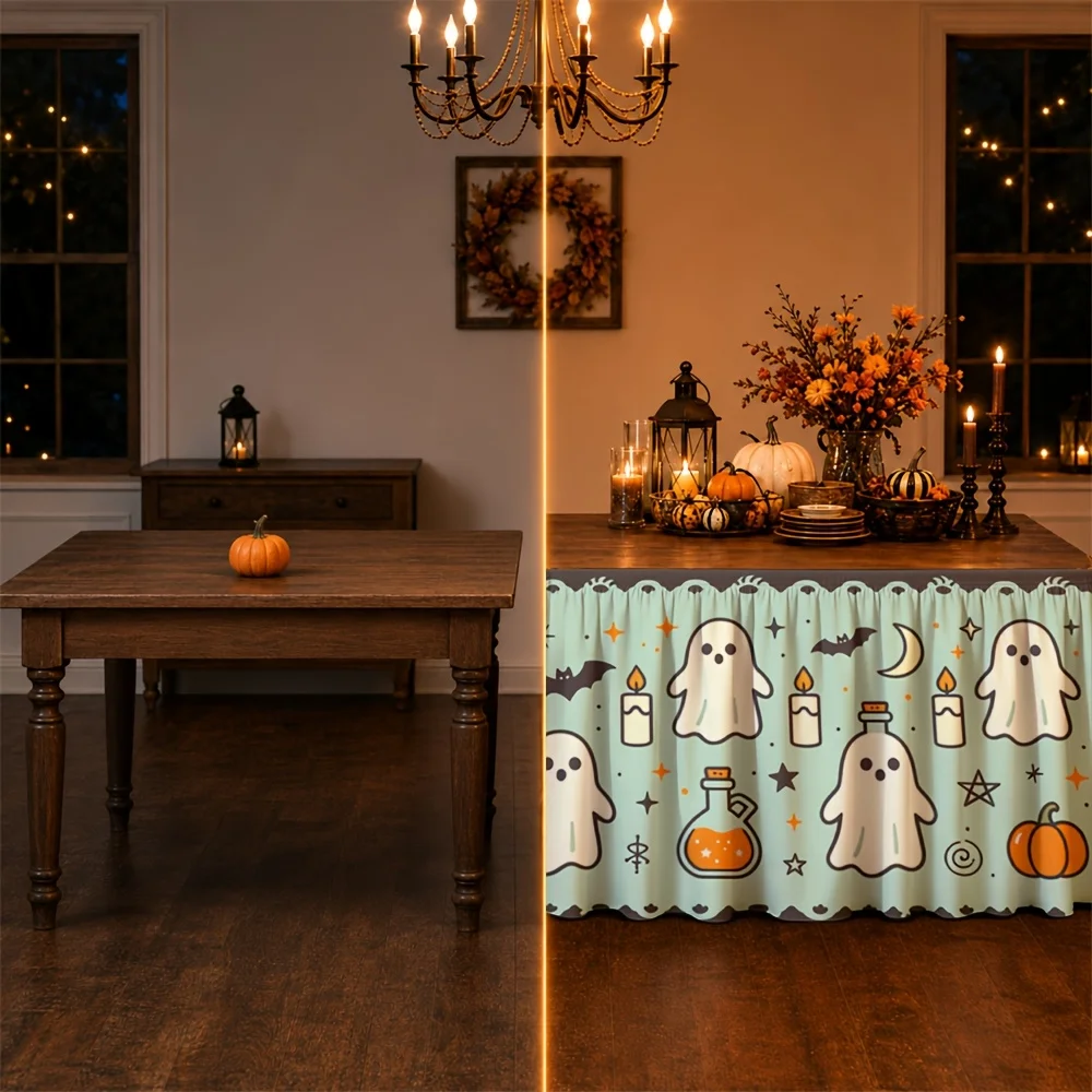One table skirt. Halloween ghost print table skirt. Polyester. Cute. Fun. Horrible. Fantasy. Attractive.zyc