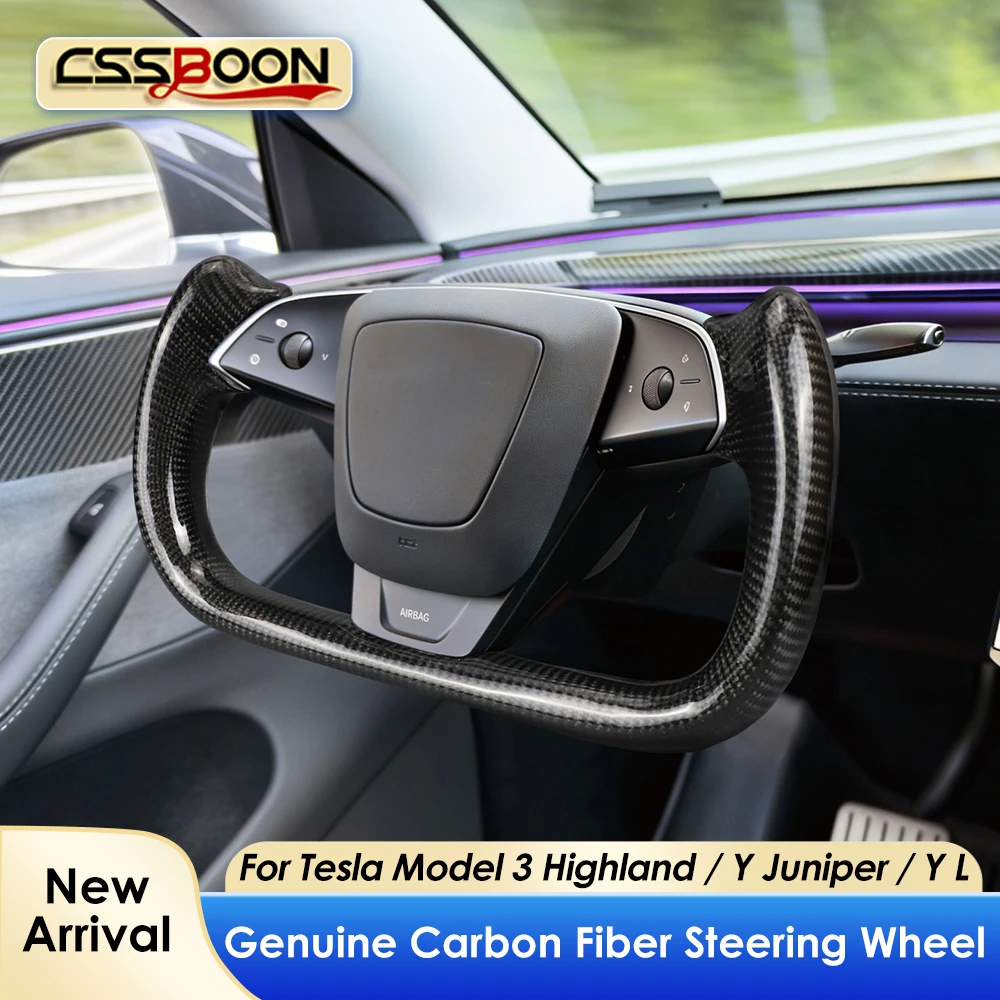 2026 Luxury Full Carbon Fiber Yoke Handle 350mm for Tesla Model Y Juniper 3 Highland Racing Steering Wheel with Heating Non-Slip