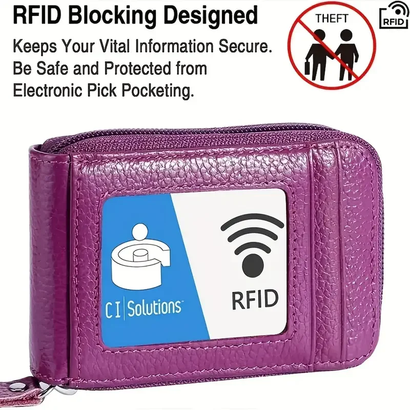 Mini RFID Blocking Card Holder Wallet with Zipper Closure - Multiple Card Slots, Clear Window, Polyester Lining, Faux Leather