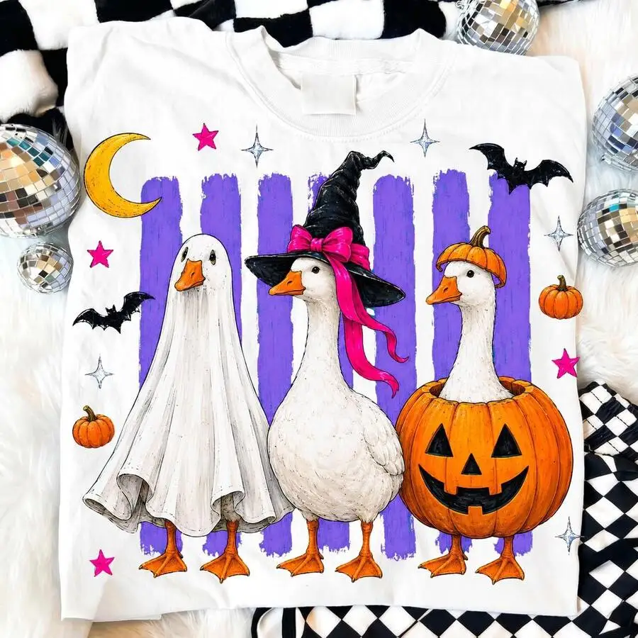2026 Fashion New Preppy Women Fall Outfit T-Shirt Halloween Cute Witch Pumpkin Goose Graphic Print Short Sleeve Casual Basic Top Tee