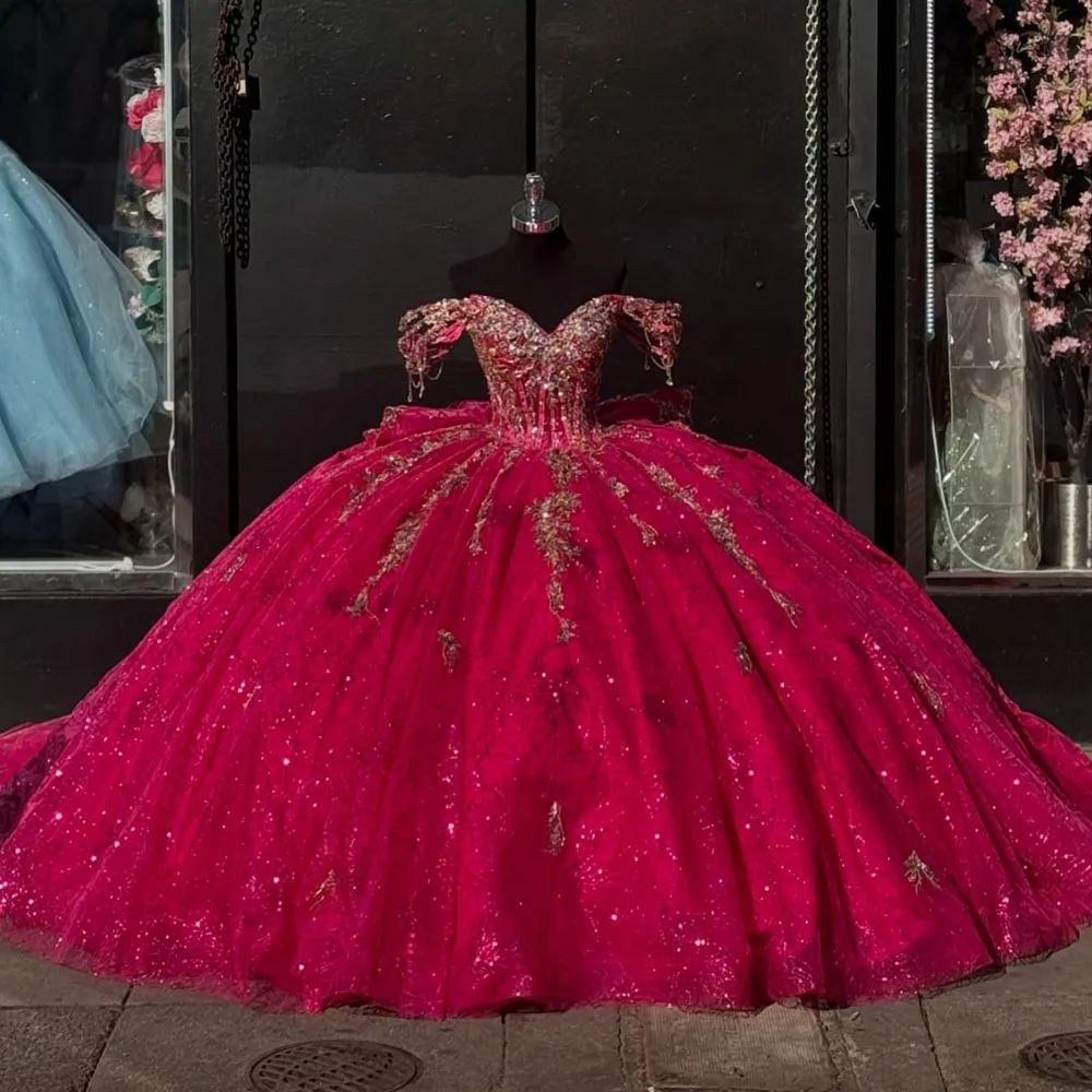 Vestidos de quinceañera de princesa gris brillante, vestido de baile con hombros descubiertos, apliques de purpurina, cuentas de cristales de encaje, vestido dulce 15 de tul