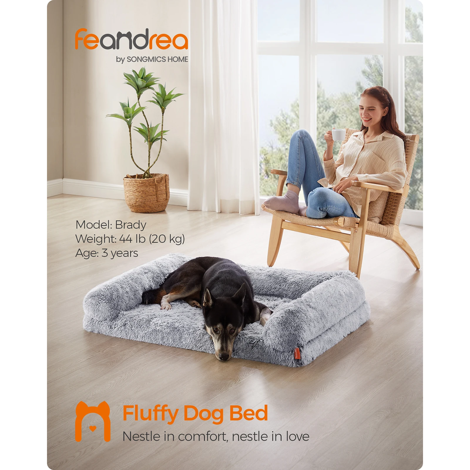 Feandrea Fluffy Large Dog Bed, Egg Crate Foam Pet Bed Pet Couch with Sides and Removable Washable Cover, 106 x 80 x 23 cm