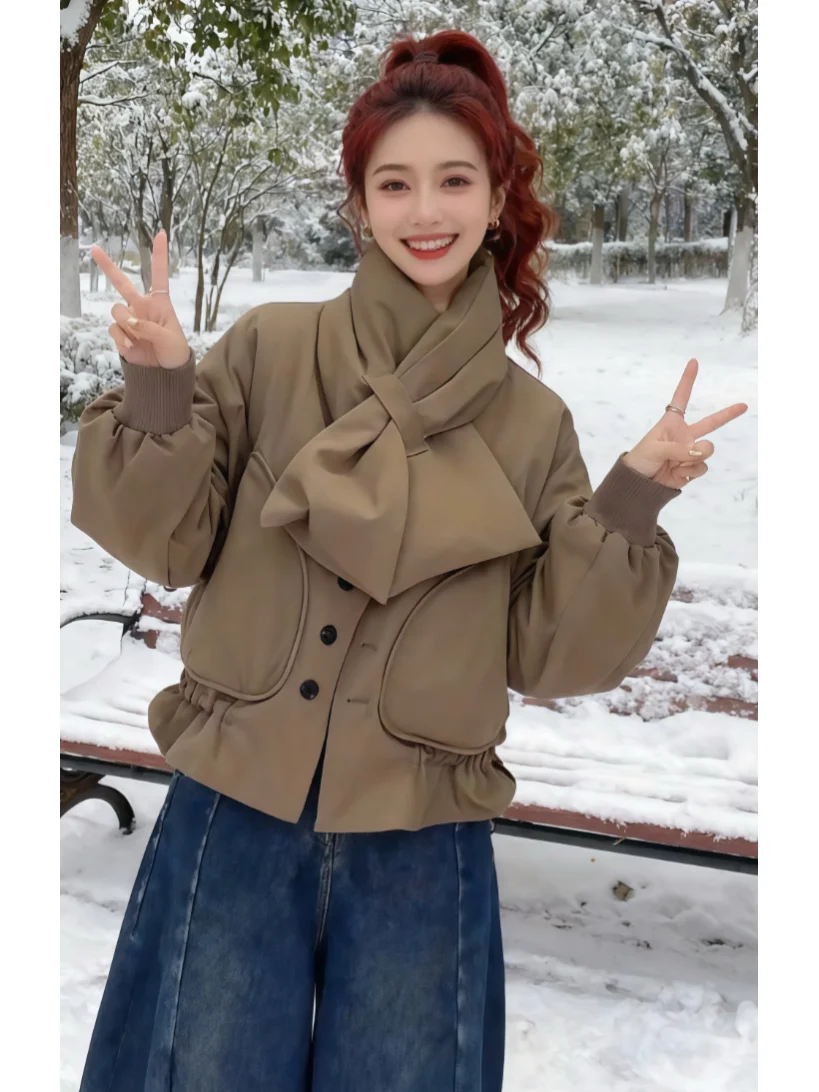 

Thiened down Cotton Jaet Women's ort Flight Sle Winter New Arrival Warm Cozy Scarf Design Retro American Faion