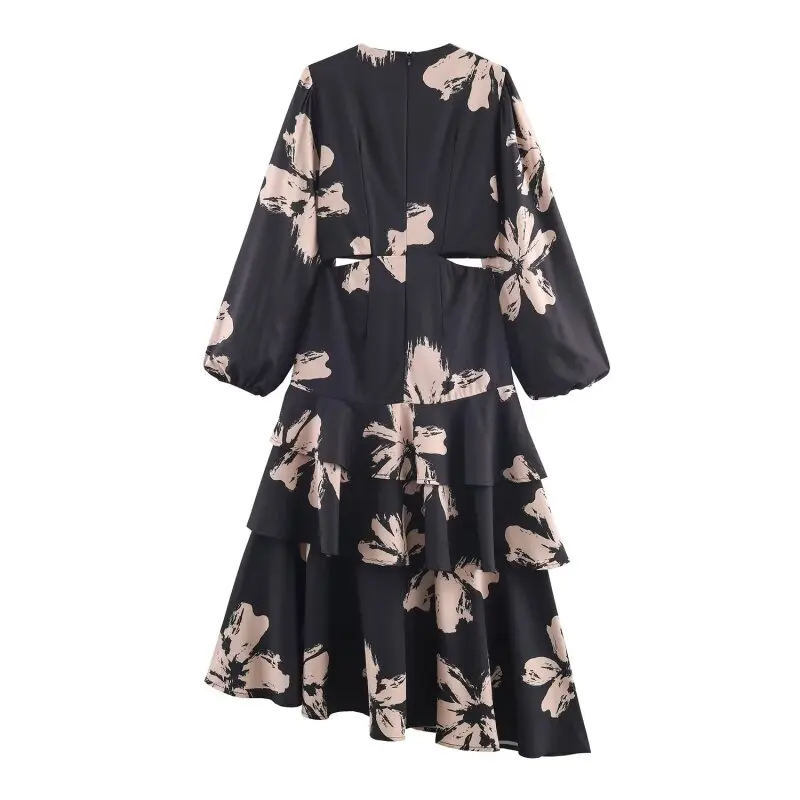 Abito da donna per le vacanze estive, taglio in vita, stampa floreale, orlo con volant, abito longuette a strati, vacanza al mare