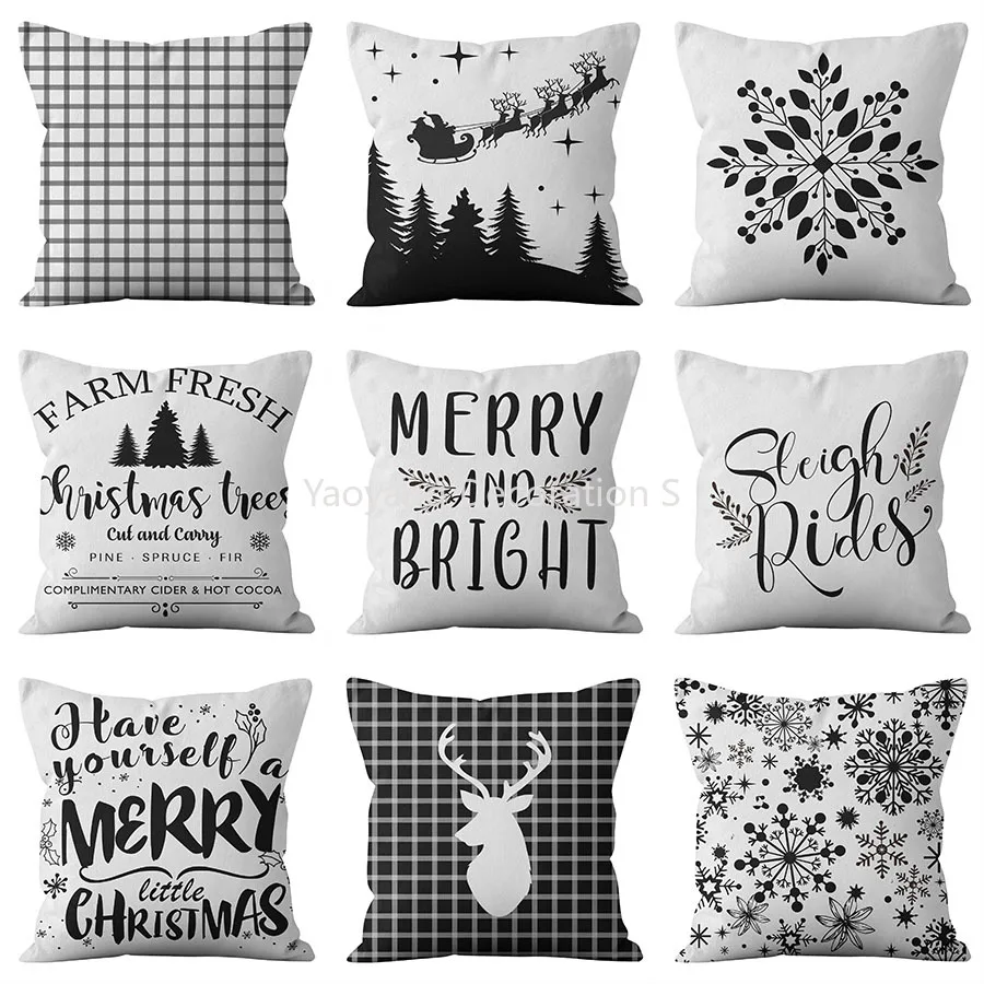 

Merry Christmas Decor Throw Pillow Case Black White Grid Check Tartan Cushion Covers for Home Sofa Chair Decorative Pillowcases