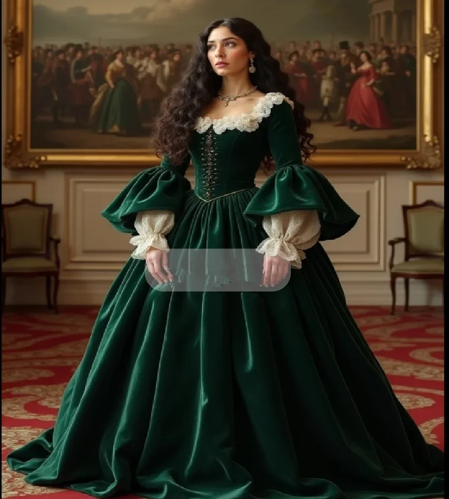 

Victorian Era Green Evening Dress 18th Century French Steampunk Reenactment Stage Costume Prom Dress Long Sleeve Civil War Gown