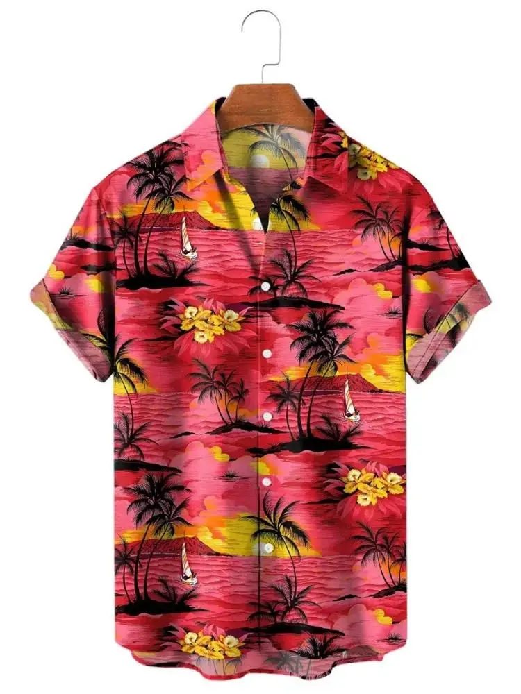 Coconut Tree Fresh Flower Pattern Men's Short-sleeved Button Lapel Shirt Summer Seaside Beach Vacation Hawaiian Style Shirt
