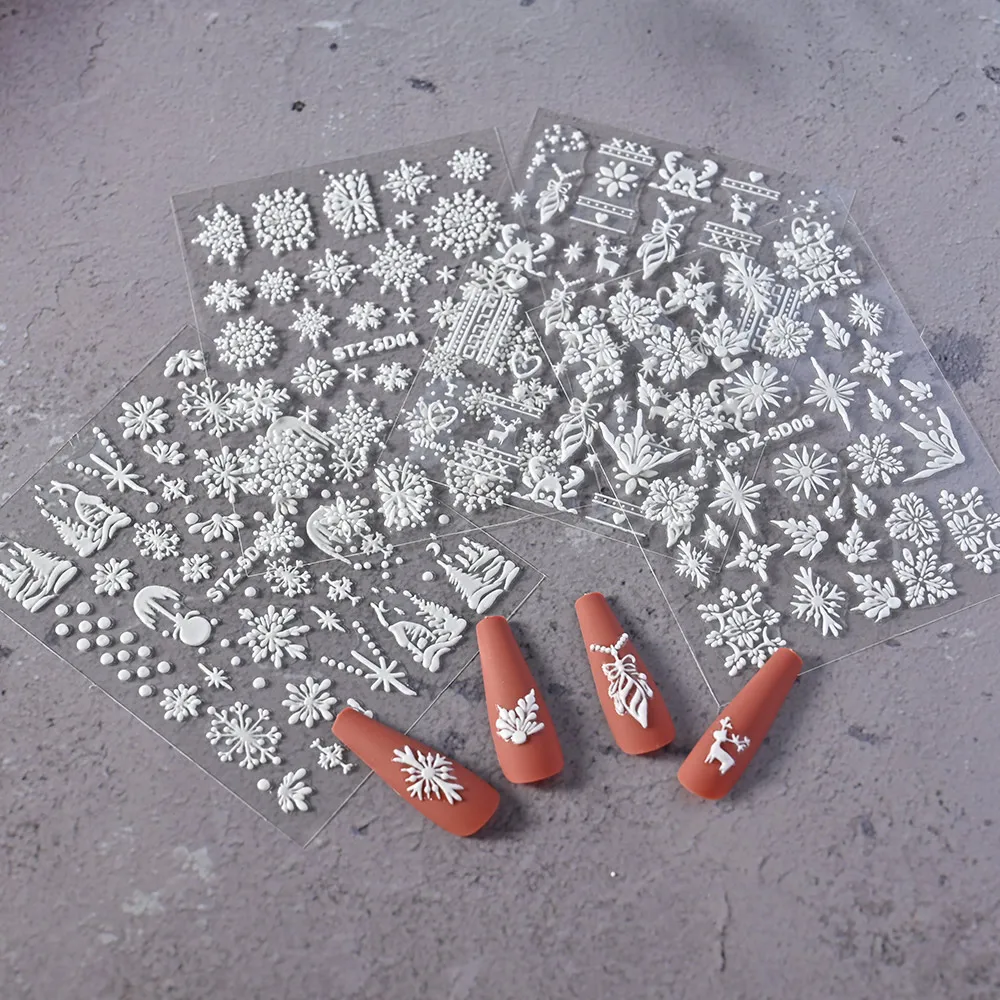 

1Set Christmas White Snowflakes 5D Nail Art Stickers Winter 7.8*6cm Snowflowers Adhesive Sliders Xmas/New Year Manicure Decals #