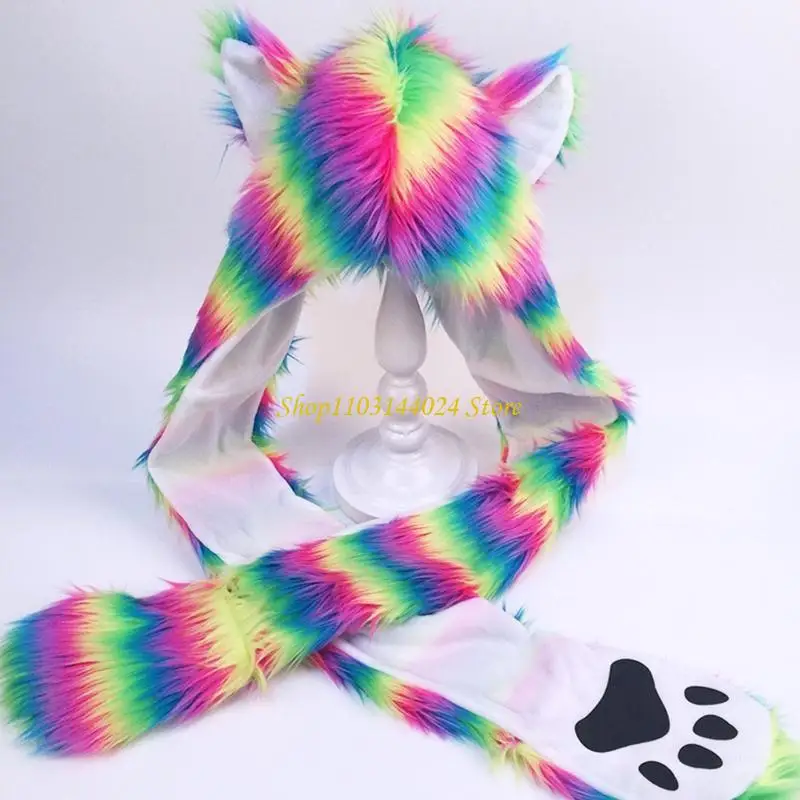 N5KE 3 in 1 Women Rainbow Hooded Scarf with Pocket Hat Long Scarf Gloves Plush Warmer