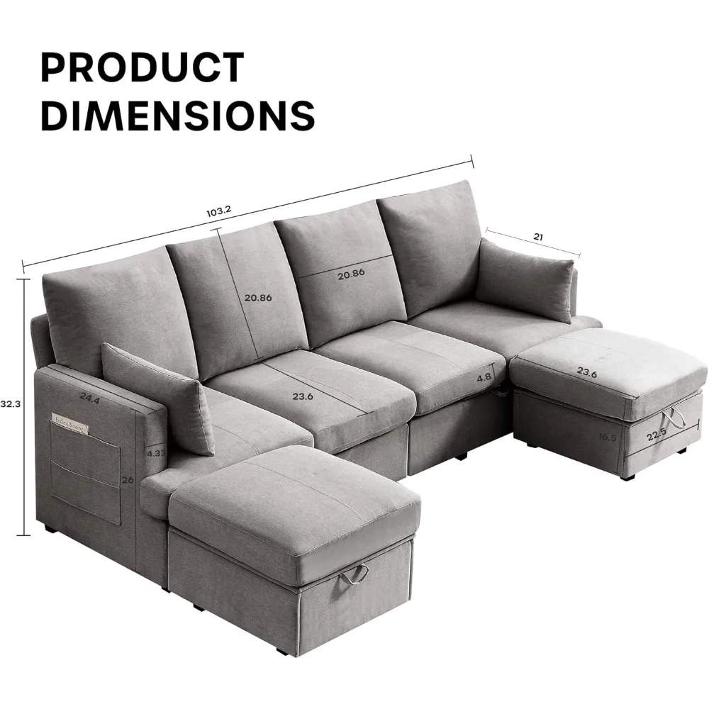 Sectional Couch, Convertible U Shaped Sofa with Storage, Modular Sectional with 2 Ottomans for Living Room, 6 Seat