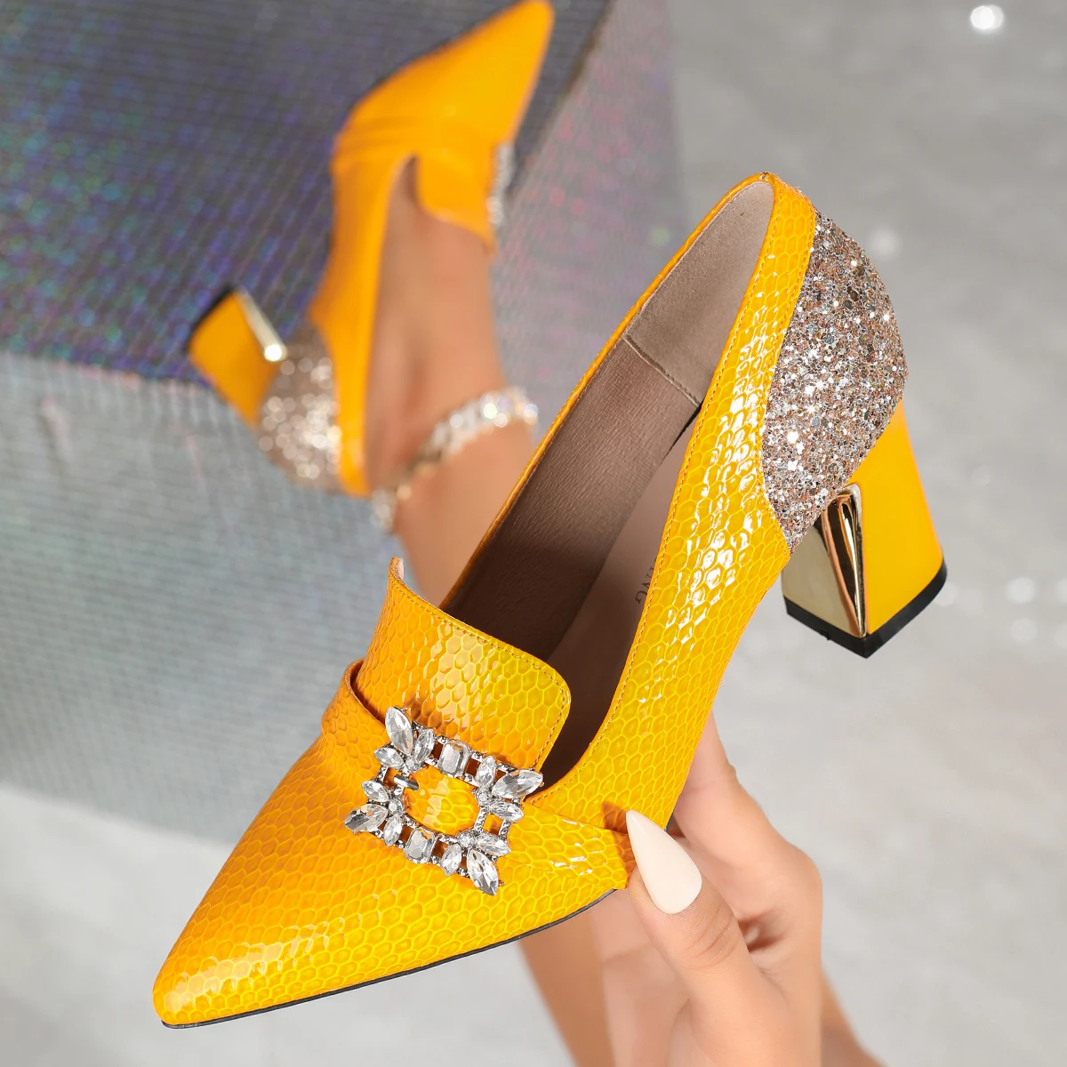 High-heeled sequins pointed square buckle fashion shallow-mouthed single shoes