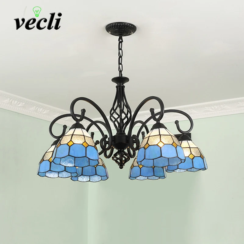 

Tiffany DIY Art LED Chandelier Black European Style Iron Pendant Light American Rustic Lamp for Living Room Bedroom Dining Room