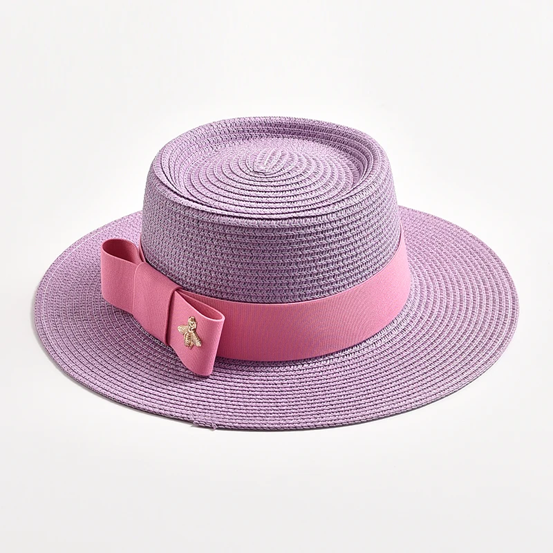 Frühling-Sommer-Strohhüte für Damen, runde, gewölbte Oberfläche, flache Kappe, Schleifenmuster, Kleidermütze, Reise- und Strandhut, Sonnenhut, Gorra – Detail 20