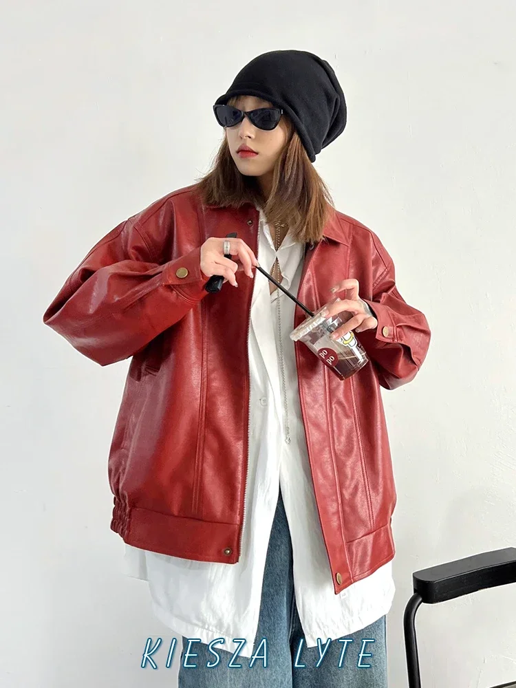 2024 New Punk Street Style Short Loose Red PU Leather Jacket for Women Advanced Sense coat Lady bomber jacket women suit