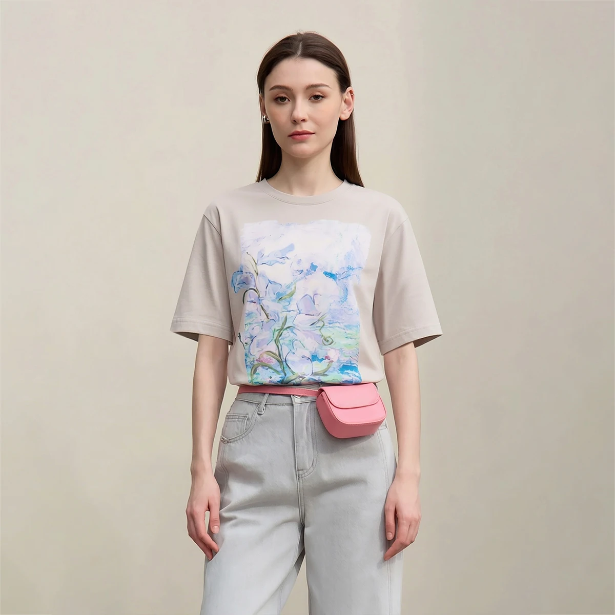 Amii Minimalism T-shirt For Women 2025 Summer New Short-sleeve Cotton Mid-length Art Oil Paint Print Casual Female Tops 12642221