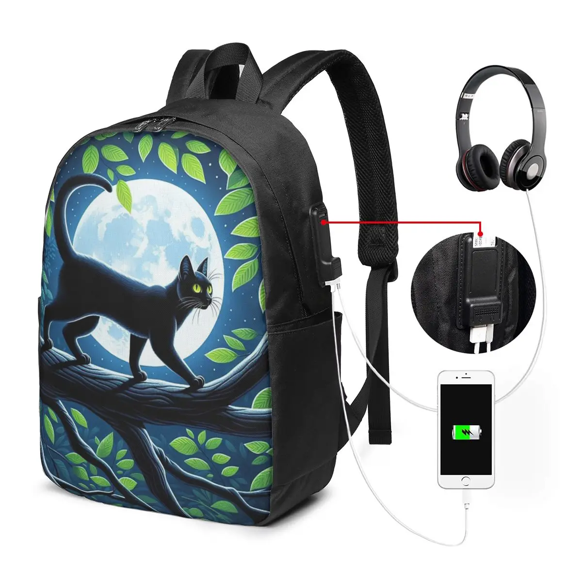 Dark Night Forest Mystical Black Cat Print Backpack Travel Notebook Bag Computer College Student School Bag Laptop Shoulder Bags