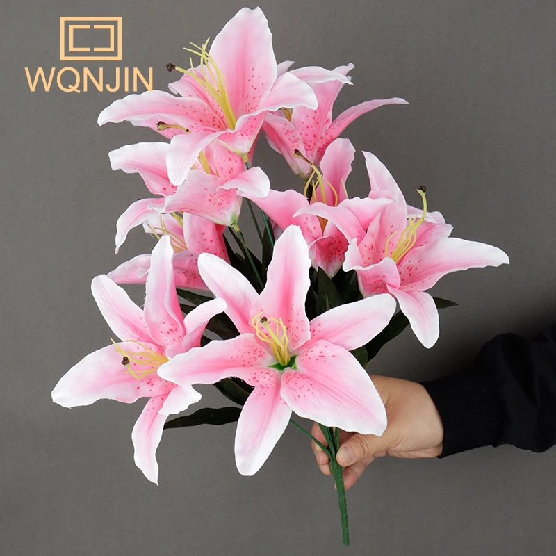 Künstliche Lilienblumen mit 9 Köpfen, europäischer mehrfarbiger gefälschter Brautblumenstrauß, Hochzeit, Zuhause, Party, Dekoration, Blumen – Detail 4