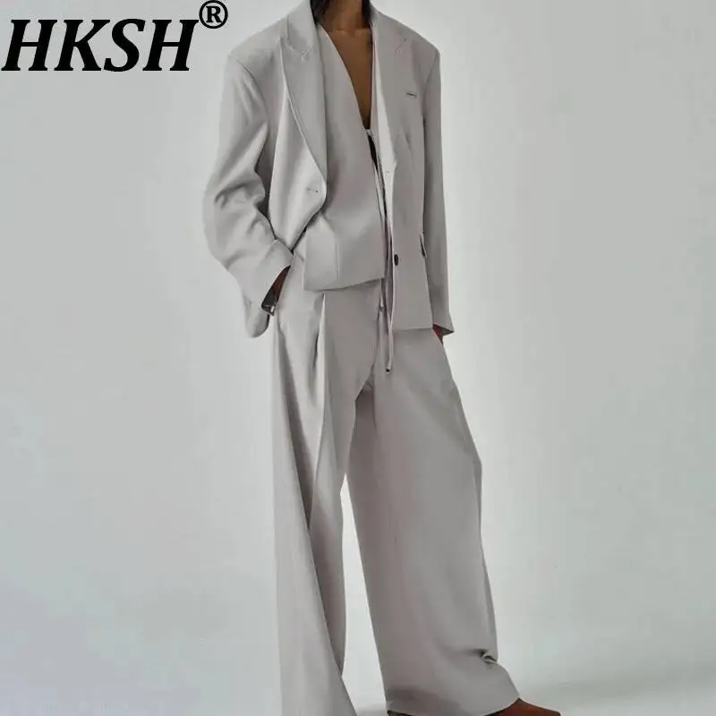 HKSH Women's Three-Piece Set Office Lady Solid Color V-neck Lace-up Waistcoat Vest Single Breasted Blazer Wide Leg Pants HK22599