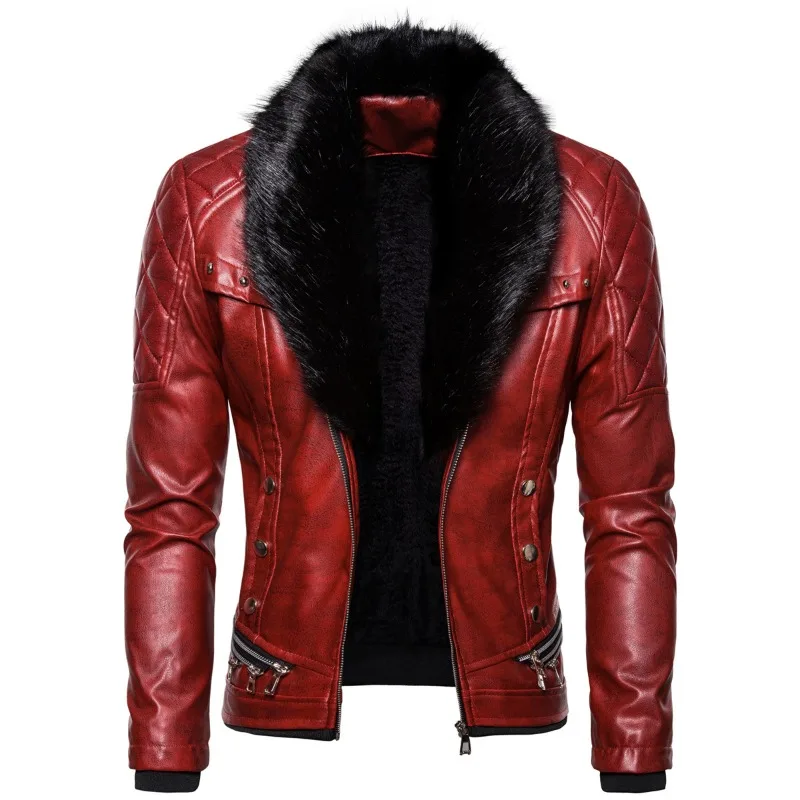 

New Fashion Solid Color Button Zipper Splicing Leather Jacket Men Big Fur Collar Slim Warm PU Moto Biker Coat Men's Clothing